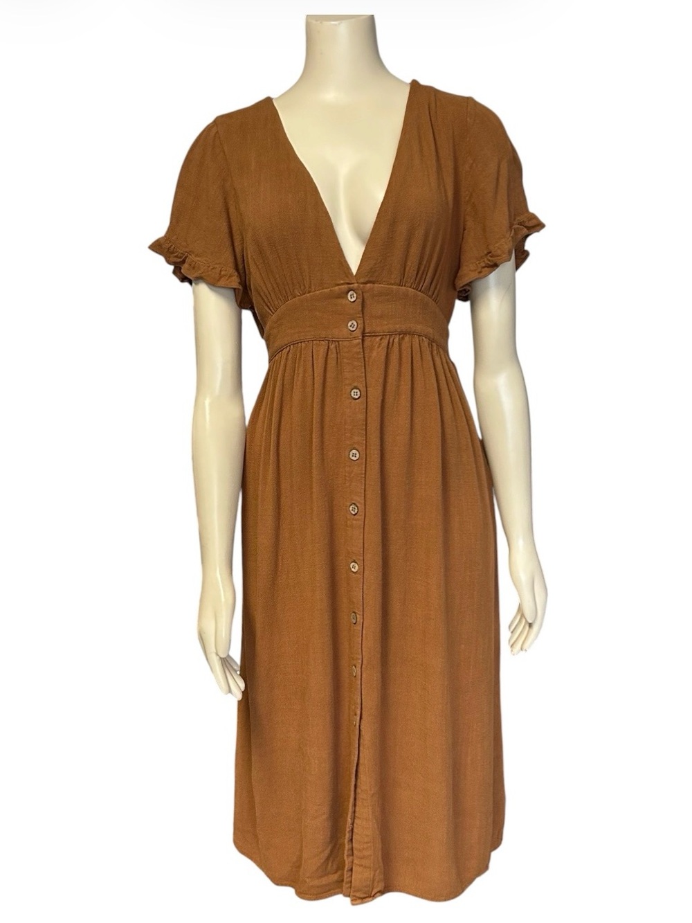 Laine Honolulu brown V-neck button front midi dress linen blend womens Medium